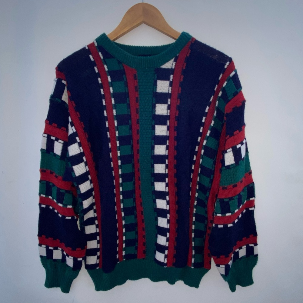 JED Wear Vintage Cable Knit Wool Blend Sweater Navy Red Green Size M